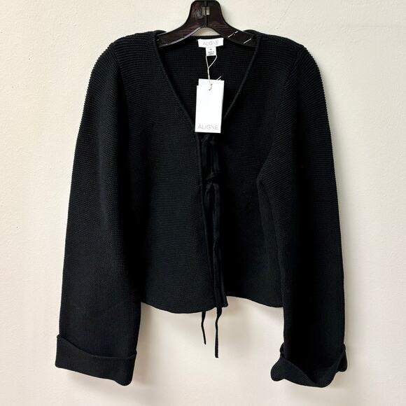 NWT ALIGNE Nadia Organic Cotton Long Sleeve Tie Knit Cardigan Black Women's M - Picture 2 of 6